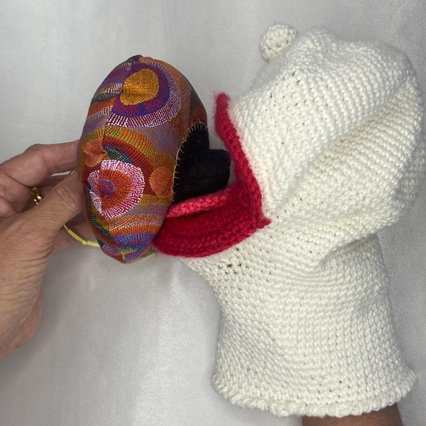 Crocheted breastfeeding education hand puppet
